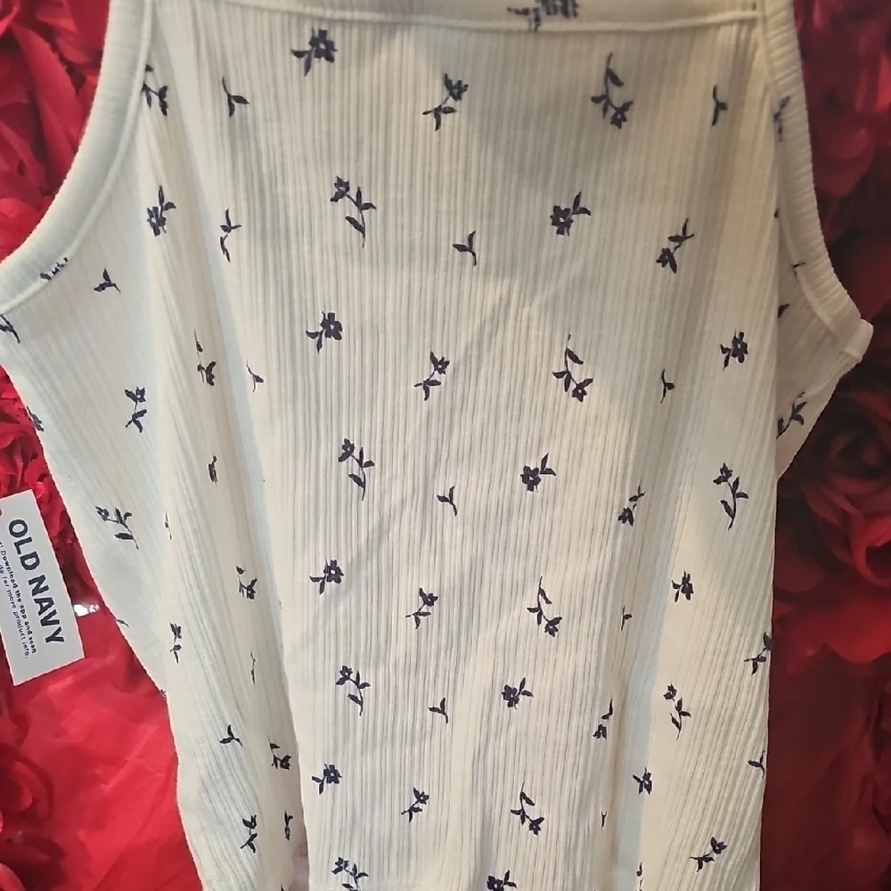Old Navy NWT Girls Ribbed White & Blue Floral Tank Top Size Large 10/12